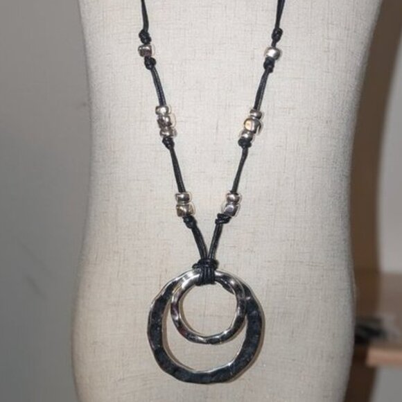 NEW St. Thomas Long Black Knotted Cord Metal Bead Double circle Pendant Necklace - Picture 2 of 5